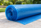 Rolled blue solar pool blanket on a stone patio.
