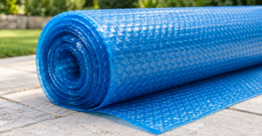 Rolled blue solar pool blanket on a stone patio.