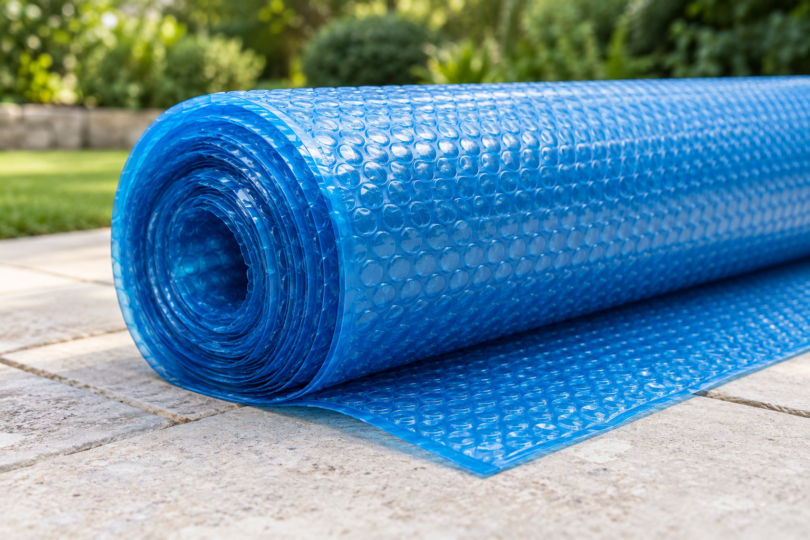 Rolled blue solar pool blanket on a stone patio.