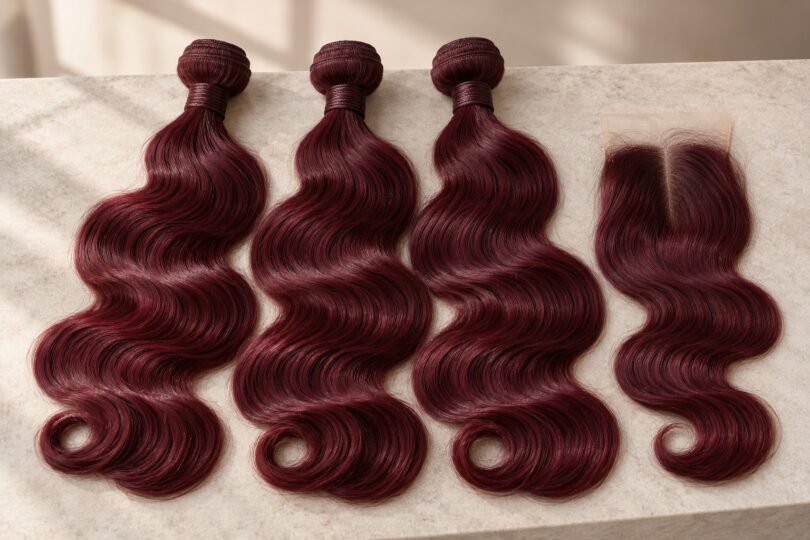 Three unbranded burgundy wavy hair bundles and a matching lace closure arranged on a light stone tabletop