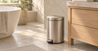 Illustration of a silver-toned pedal wastebasket beside a bathroom vanity