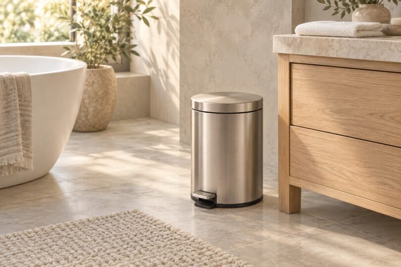 Illustration of a silver-toned pedal wastebasket beside a bathroom vanity