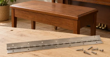 Metal continuous hinge and screws on a workbench beside a closed wooden piano bench
