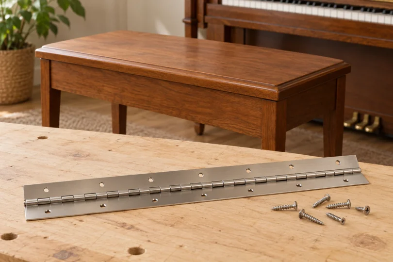 Metal continuous hinge and screws on a workbench beside a closed wooden piano bench