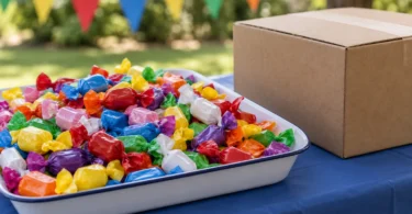 Colorful wrapped candies in a tray beside a plain supply box on a shaded outdoor table