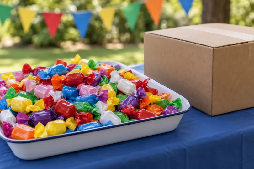 Colorful wrapped candies in a tray beside a plain supply box on a shaded outdoor table