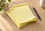 Three yellow lined note pads and a black pen on a light wooden desk