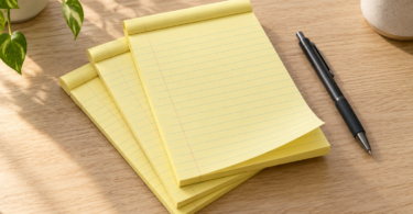 Three yellow lined note pads and a black pen on a light wooden desk