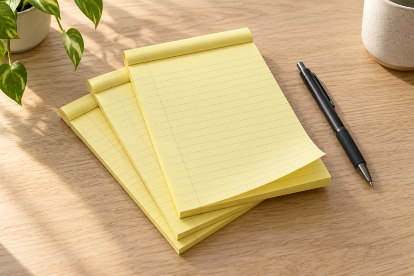 Three yellow lined note pads and a black pen on a light wooden desk