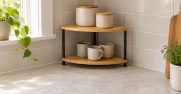 Unbranded two-tier corner shelf holding cups and lidded jars on a kitchen counter