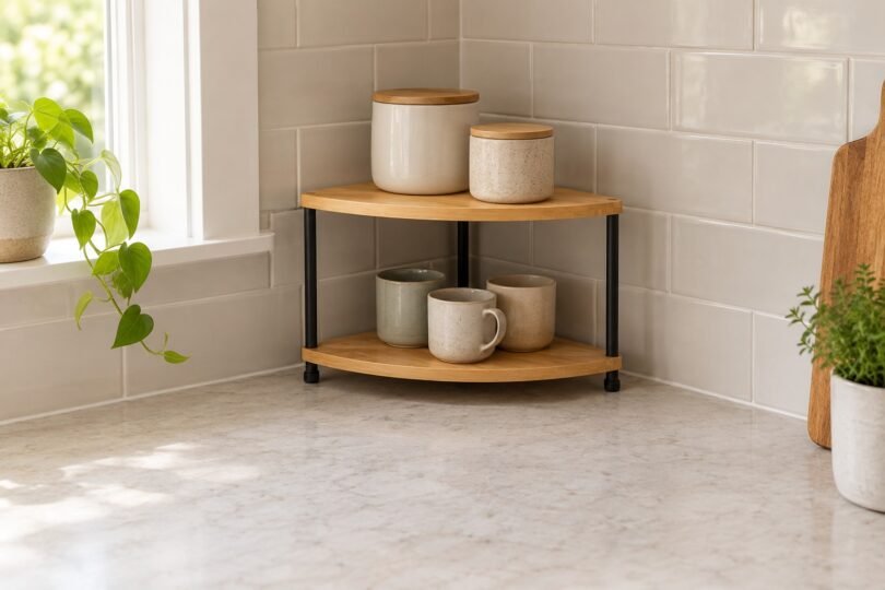 Unbranded two-tier corner shelf holding cups and lidded jars on a kitchen counter