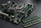 Generic unbranded desktop motherboard beside two loose memory modules on a dark work surface