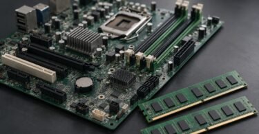 Generic unbranded desktop motherboard beside two loose memory modules on a dark work surface