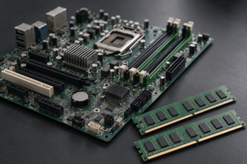 Generic unbranded desktop motherboard beside two loose memory modules on a dark work surface