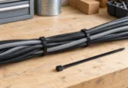 Black cable ties around a bundle of cables on a wooden workbench