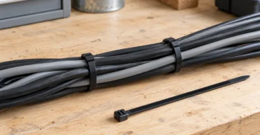 Black cable ties around a bundle of cables on a wooden workbench