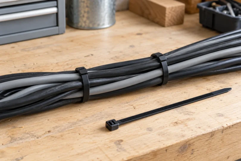 Black cable ties around a bundle of cables on a wooden workbench