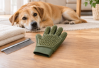A green grooming glove, metal comb and folded towel beside a resting tan dog
