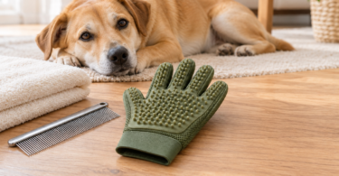A green grooming glove, metal comb and folded towel beside a resting tan dog