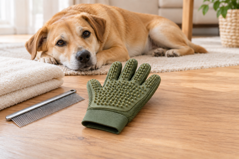 A green grooming glove, metal comb and folded towel beside a resting tan dog
