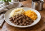 Plate of haggis with mashed potatoes and swede beside a plain food can