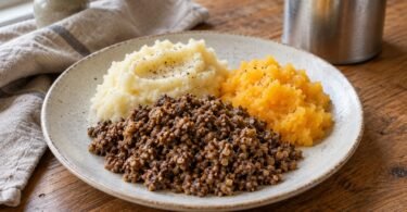 Plate of haggis with mashed potatoes and swede beside a plain food can