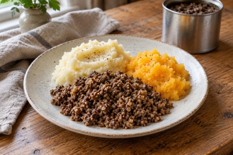 Plate of haggis with mashed potatoes and swede beside a plain food can