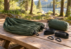Folded green camping hammock, storage sack, two coiled straps and connectors on a picnic table