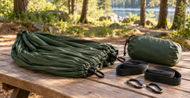 Folded green camping hammock, storage sack, two coiled straps and connectors on a picnic table