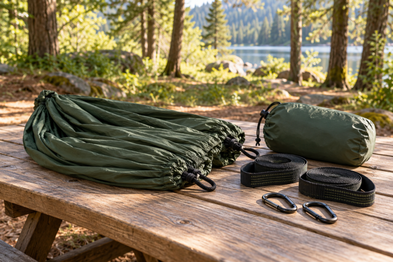 Folded green camping hammock, storage sack, two coiled straps and connectors on a picnic table