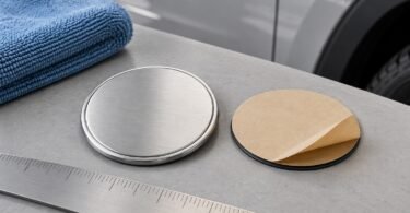 Blank silver automotive medallion beside an adhesive backing, ruler and blue microfiber cloth