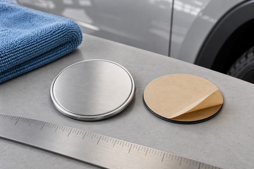 Blank silver automotive medallion beside an adhesive backing, ruler and blue microfiber cloth