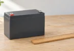 Plain dark gray battery with two terminal tabs beside a wooden ruler on a workbench