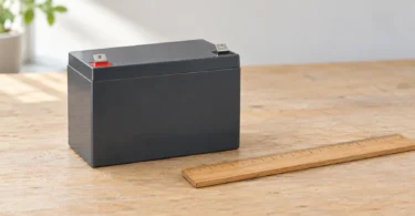 Plain dark gray battery with two terminal tabs beside a wooden ruler on a workbench