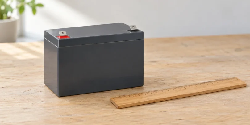 Plain dark gray battery with two terminal tabs beside a wooden ruler on a workbench