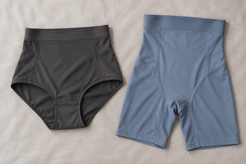 A charcoal high-waisted brief and slate-blue shaping shorts laid flat on pale gray fabric