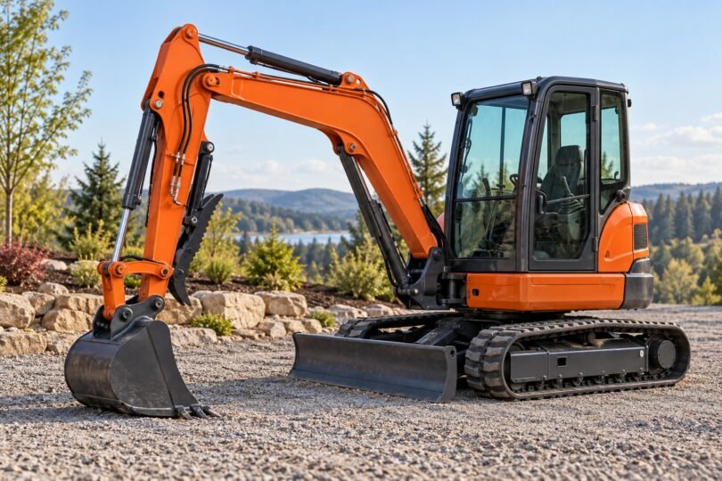 Unbranded mini excavator parked on gravel with its bucket grounded and thumb folded against the stick