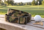A camouflage belt beside a golf ball and wooden tees on a bench