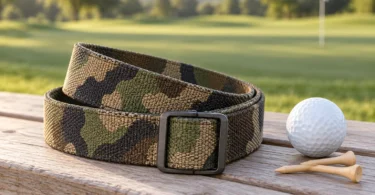 A camouflage belt beside a golf ball and wooden tees on a bench