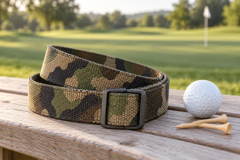 A camouflage belt beside a golf ball and wooden tees on a bench