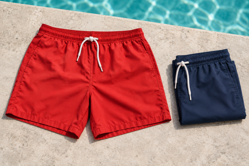 Generic red and folded navy swim trunks on a pale stone pool deck