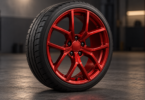 Illustration of a generic red alloy wheel and black tire standing on a workshop floor