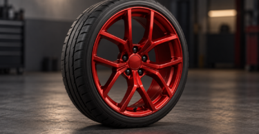 Illustration of a generic red alloy wheel and black tire standing on a workshop floor