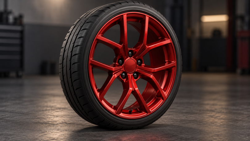 Illustration of a generic red alloy wheel and black tire standing on a workshop floor