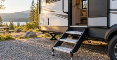 Three metal entry steps beside the open doorway of a white travel trailer at a wooded campsite
