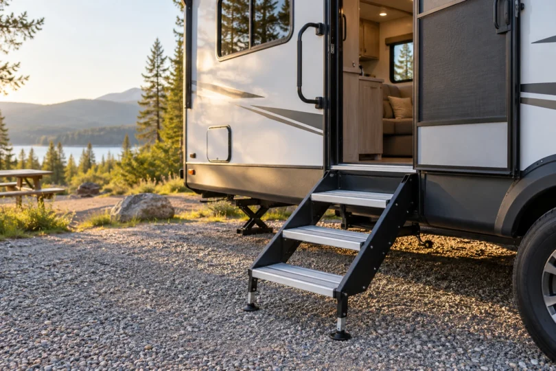 Three metal entry steps beside the open doorway of a white travel trailer at a wooded campsite