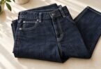 Folded unbranded dark indigo jeans with white stitching along the pockets, fly and waistband on a light tabletop