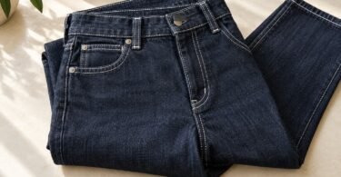 Folded unbranded dark indigo jeans with white stitching along the pockets, fly and waistband on a light tabletop