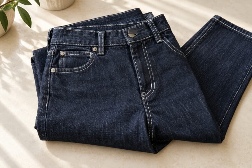 Folded unbranded dark indigo jeans with white stitching along the pockets, fly and waistband on a light tabletop