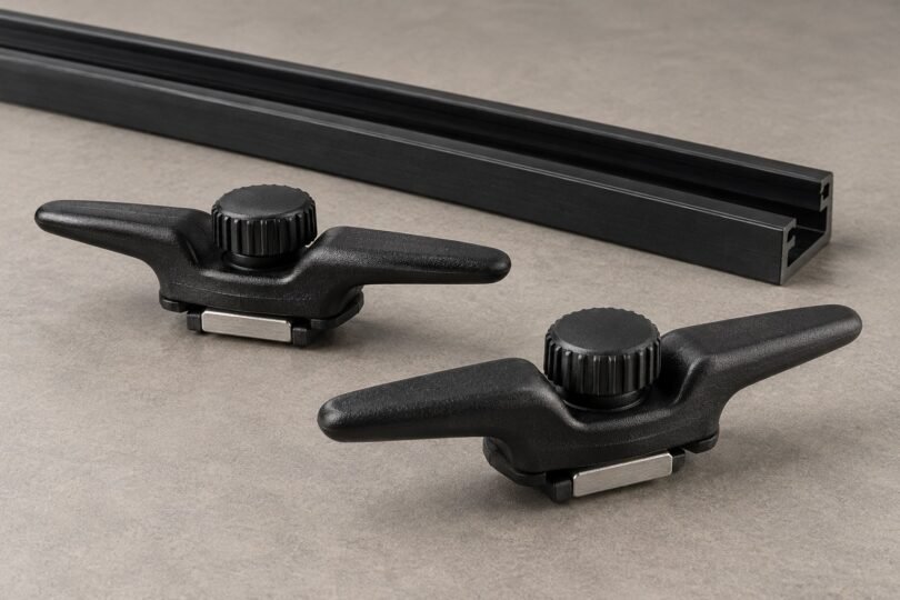 Two unbranded black bed rail cleats with thumbwheels beside a rail section